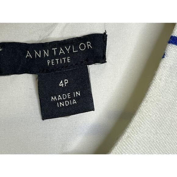 Ann Taylor Petite Linen Blend Coastal Nautical Blue White Fit Flare Dress 4P - Picture 7 of 12